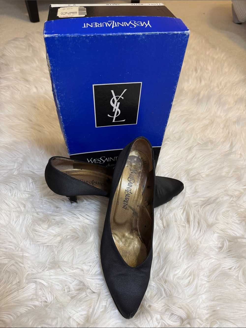 VINTAGE, Yves Saint Laurent Black Satin Pointed-Toe Kitten Heel Pumps Sz 9